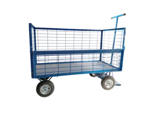 Carrinho caixa tipo plataforma com assoalho de chapa, 400 Kg, todo telado, com meia porta e cabo em T.